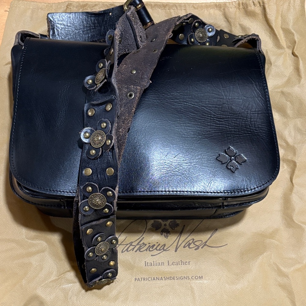 Patricia Nash Black Leather Messenger Bag with Studded Strap